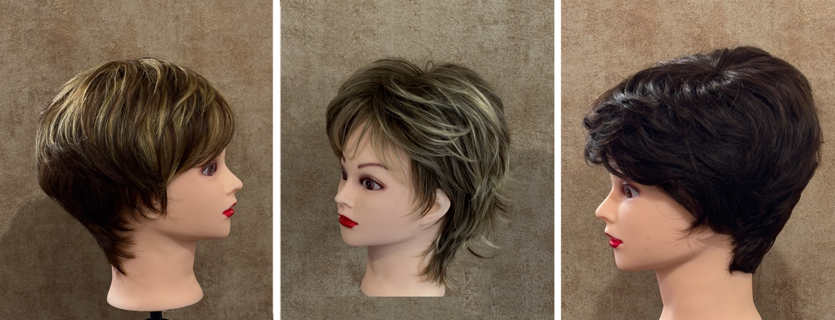 Drei Beispielperücken mit kurzem Haar
